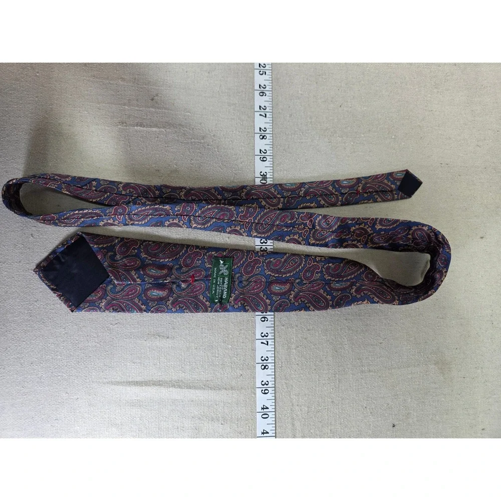 Haband of Paterson NJ Mens Vintage Paisley Silk Blend Tie Navy Burgundy USA